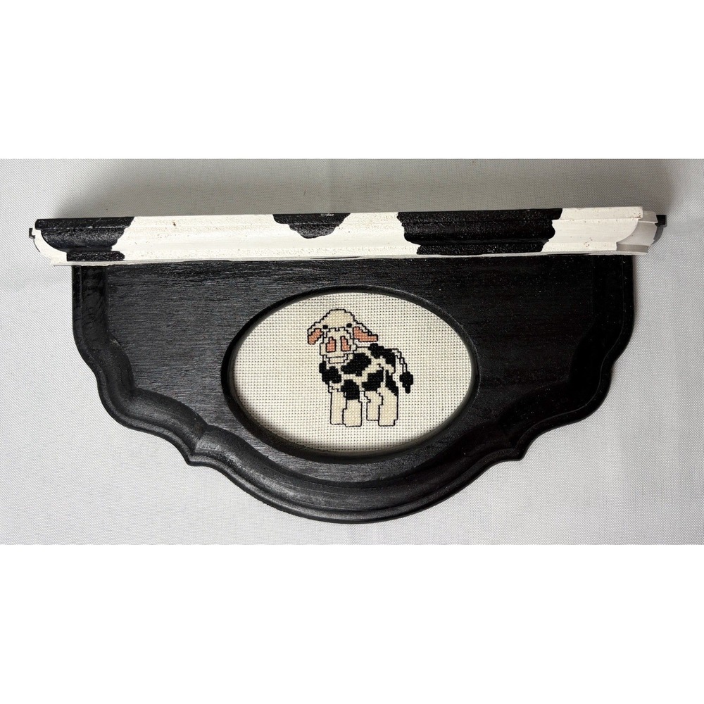 Vintage Cow WOOD WALL Plate SHELF With Cut Out And Cross Stitched Cottage Core